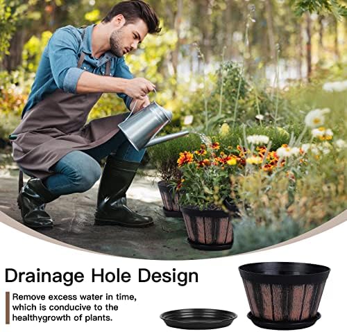 Quarut 8 inch Brown Plastic Whiskey Barrel Plant Pots Set of 4 with Drainage Holes and Saucer for Indoor and Outdoor Garden Home Plants - Image 4