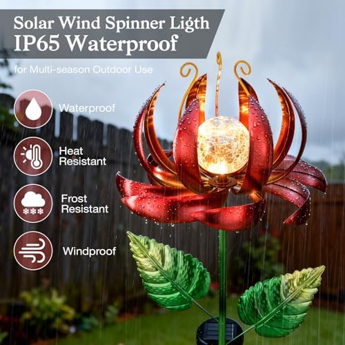 Solar Yard Lights Wind Spinners- Metal Lotus Flower Garden Decor LED Crackle Glass Globe Yard Art Sculpture Solar Stake Lights for Patio Pathway Lawn Walkway (Red-Large) - Image 5