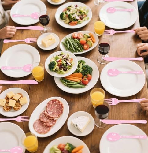 SietDESEO 25 PCS Light Pink Plastic Spoons Disposable Utensils Heavy Duty Baby Pink Spoons Disposable Cutlery for Birthday Wedding Baby Shower Bridal Shower Plastic Silverware - Image 7