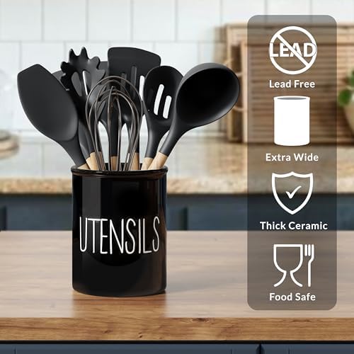 Barnyard Designs Ceramic Farmhouse Kitchen Utensil Holder 7" (Black) - Image 5