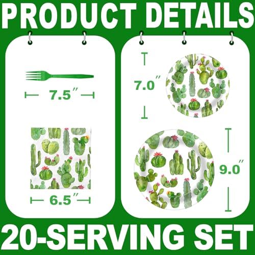 Cactus Party Decorations - Cactus Party Plates and Napkins for Kids Birthday Party, Serves 20 Guests - Image 2