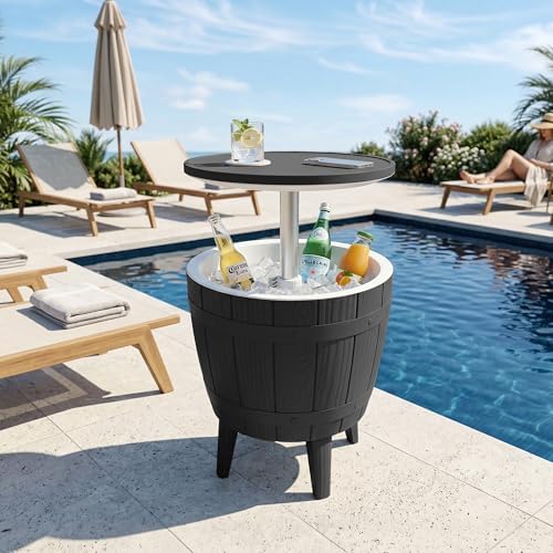 EasyUp Outdoor Resin Ice Bucket & Beverage Cooler-Patio Cooler Table with UV Protection,Wood-Look Side Tables for Your Patio, Picnic, and Beach Party (Black) - Image 4