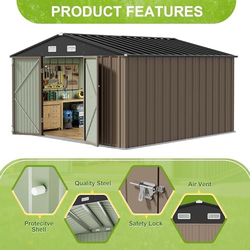 JUMMICO 10 x 8 FT Outdoor Storage Shed, Large Metal Garden Shed & Tool Sheds for Backyard Garden Patio Lawn (Brown) - Image 4