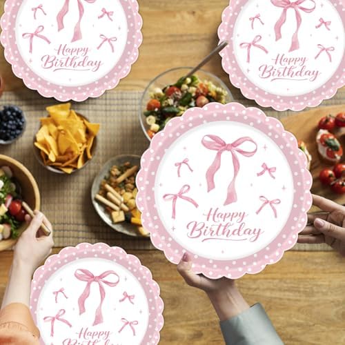 40Pcs Pink Bow Plates and Napkins Party Supplies, 9 Inch Disposable Pink Birthday Plates and Napkins Tableware Set for Bridal Engagement Baby Shower Coquette Birthday Decorations Serve 20 - Image 7