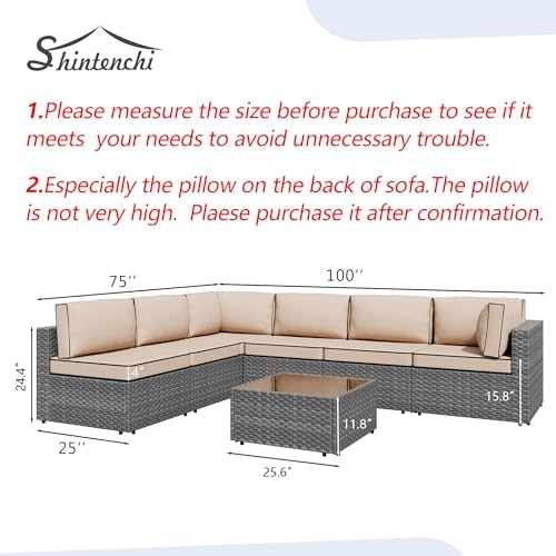 Shintenchi 7 Piece Outdoor Patio Furniture Set with Silver PE Rattan, Khaki - Image 3