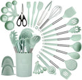 QMVESS Silicone Cooking Utensils Set, 28 Pcs Non-Stick Kitchen Utensils Set with Holder, 446°F Heat Resistant Spatula, Tongs, Spoons Set with Stainless Steel Handle Kitchen Gadgets (Light Green) by QMVESS