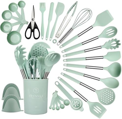QMVESS Silicone Cooking Utensils Set, 28 Pcs Non-Stick Kitchen Utensils Set with Holder, 446°F Heat Resistant Spatula, Tongs, Spoons Set with Stainless Steel Handle Kitchen Gadgets (Light Green) by QMVESS