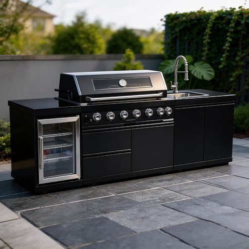 95-Inch Outdoor Kitchen Island Grill - 6-Burner 85000 BTU Natural Gas Grill w/Wine Cooler, Rotisserie Kit, Granite Countertops, Stainless Steel Sink, 304 Marine Grade SS, Patio, Lawn, Backyard, Black by Dvasovio
