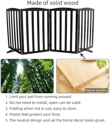 Freestanding Dog Gate Indoor,Doggie Gate Foldable Pet Gates for Doorways,Stairs or Hallways, Wooden Black Pet Gate for the House, Pet Fence with Support Feet Included,32 "Height-4 Panels - Image 6