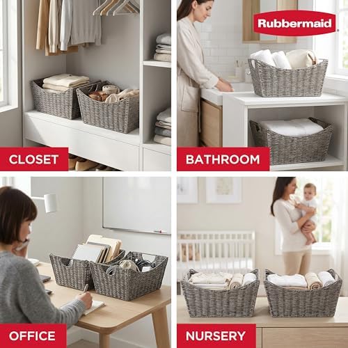 Rubbermaid Woven Storage Baskets – Set of 2 Multipurpose Bins for Indoors or Outdoors, Medium-Size Resin Rattan Organizers with Handles, 15” x 11.25”, Dark Gray - Image 4