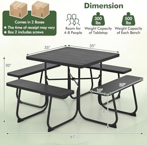 Moccha Picnic Table Bench Set - Outdoor Table and Chairs with Umbrella Hole, HDPE Tabletop & Metal Frame, 500LBS Capacity, Outdoor Camping Table for Garden Backyard Porch Patio Table Set (Black) - Image 2