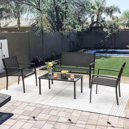 Greesum 4 Pieces Patio Furniture Set Outdoor Conversation Textilene Fabric Chairs for Lawn, Garden, Balcony, Poolside with A Glass Coffee Table, Black - Image 2