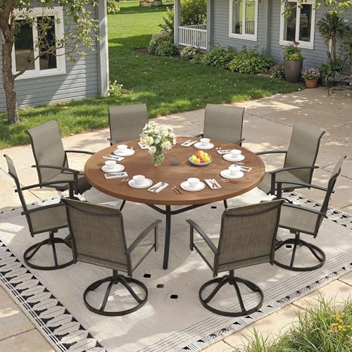 Outdoor Dining Table for 8, 60" Round Outdoor Table with Adjustable Umbrella Hole, All-Weather Metal Patio Dining Table for Lawn Garden Backyard Deck, Walnut - Image 4