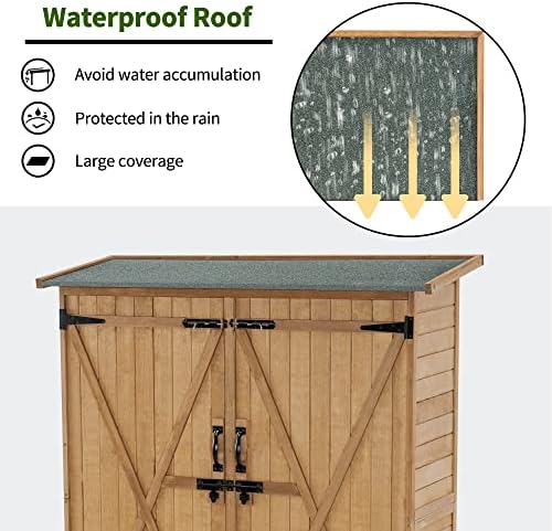 MCombo Outdoor Storage Cabinet with Shelves, Wood Garden Shed with Floor, Outside Tool Shed with 2 Lockable Doors for Yard Patio Lawn, 1400 (Natural) - Image 5
