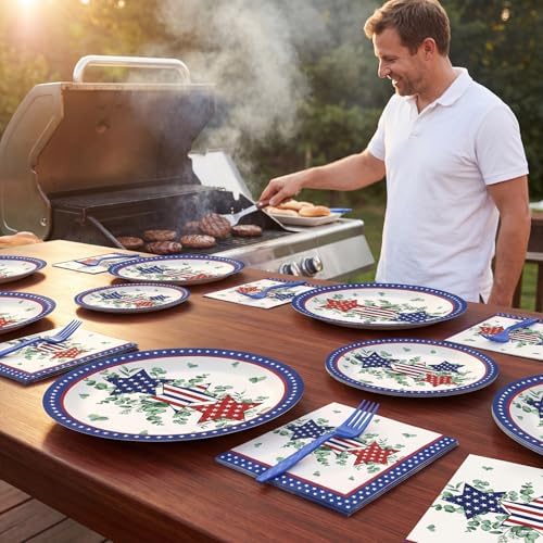 96Pcs Eucalyptus Leaves Patriotic Party Paper Plates and Napkins 4th of July Supplies Sage Green Red White Blue Star Disposable Tableware for 24 Guests American Independence Day Memorial Decorations - Image 5