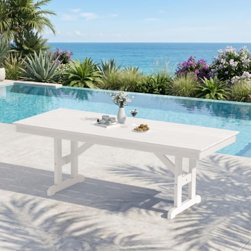 KINGYES Outdoor Dining Table,84'' HDPE Patio Table with Umbrella Hole,White by KINGYES