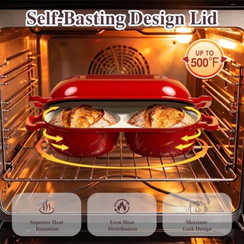 Umite Chef Dutch Oven for Bread Baking–Enamelled Cast Iron Dutch Oven Pot with Lid – 500°F Oven Safe–Double Round Loaf Bread Pan with 5" Banneton Proofing Baskets for Homemade Bread, Meatloaf, Cake - Image 7