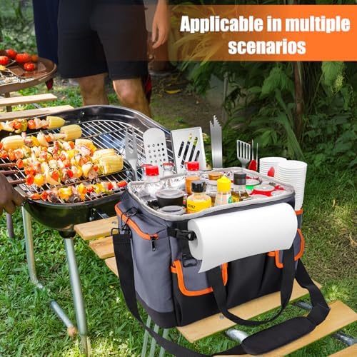 Large BBQ Grill Caddy with Paper Towel Holder, Foldable Insulated Picnic Organizer Bag for Outdoor Grilling, Tailgating, Camping, RV Trips, Must-Have Storage for Cooking Tools Supplies - Image 5