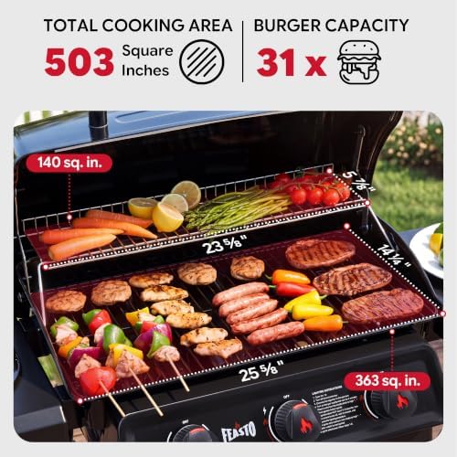 Feasto 3-Burner Propane Gas Grill with Side Burner for Outdoor Cooking - Image 5