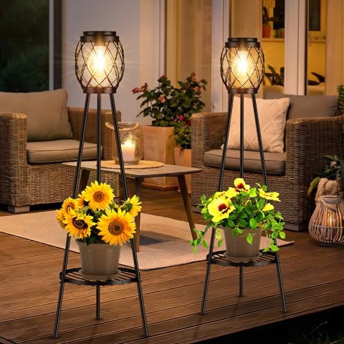 MXwcy 2 Pack Solar Lights Outdoor with LED Edison Bulbs, Vintage Style Solar Floor Lamp with Plant Stands, Weatherproof Garden Lights for Pathway, Patio, Yard, Porch Decor 8-10 Hours Lighting by MXwcy
