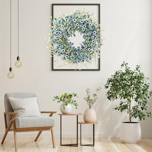 Sggvecsy Blue Daisy Wreath 24 Inch Spring Summer Fake Silk Floral Wreath with Green Eucalyptus Leaves and Lavender for Front Door Window Wall Wedding Farmhouse Festival Decor - Image 4