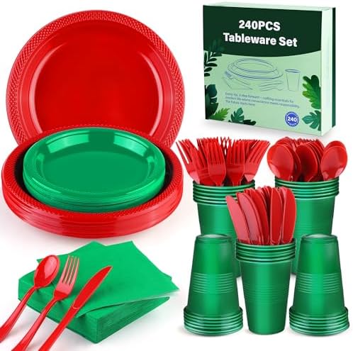 Kochorie 240 Pieces Christmas Plastic Dinnerware Set Disposable Heavy Duty Plates Napkins Cups Silverware Dessert Dinner Plates for Birthday Wedding Party Supplies, Serves 30 Guests, Red and Green - Image 4