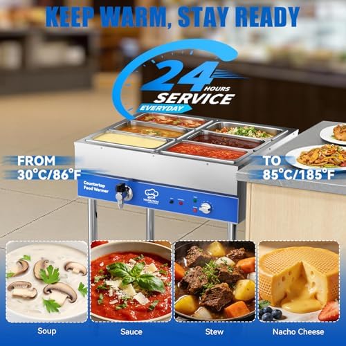 TOPKITCH ETL Listed 6-Pan Commercial Food Warmer, Electric Steam Table, 120V 1700W Stainless Steel Buffet Catering Food Warmer with Undershelf and Workspace, for Restaurant. - Image 3