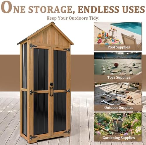 Outdoor Storage Cabinet Waterproof, Outdoor Storage Shed with Shelves, Wood & Metal Patio Backyard Garden Storage Cabinet Tool Organizer for Outside - Image 5