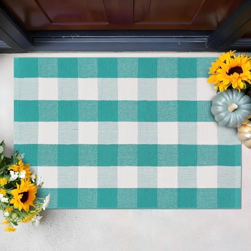 Spring Green & White Plaid Rug - 28 x 43 Inches Outdoor Front Door Decor Mat Cotton Washable Hand-Woven Rug Christmas New Year Holiday Porch Entryway Layered Doormat - Image 4