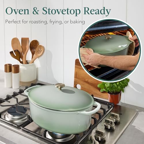 Best Choice Products Oval 7.5 Quart Enamel Cast-Iron Dutch Oven, Heavy-Duty Pre-Seasoned for Baking, Cooking w/Side Handles – Sage Green - Image 4