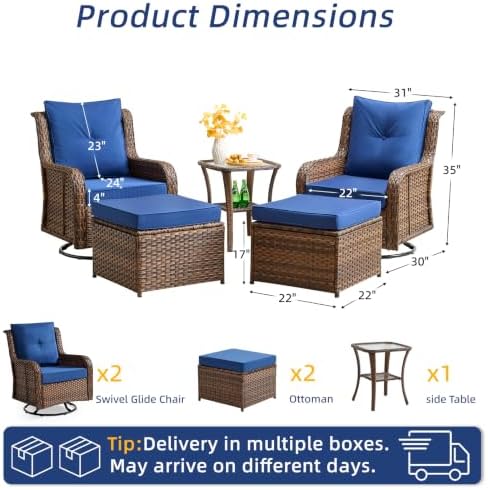 Wumiokio Patio Furniture Sets, Wicker Outdoor Furniture - 360 Degree Swivel Rocking Chairs and Rattan Side Table for Garden,Porch,Backyard (Brown Wicker/Blue Cushion, 5PCS - Swivel Chairs & Ottoman) - Image 3