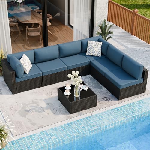7 Piece Outdoor Patio Furniture Set with Black PE Rattan, Navy Blue by Shintenchi%7CFurnitureMadeforRealLife
