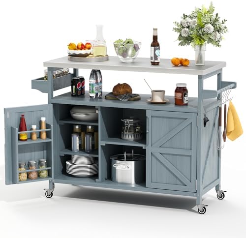 Zevemomo Outdoor Grill Cart with Storage, Lockable Casters, Gray-Blue by Zevemomo