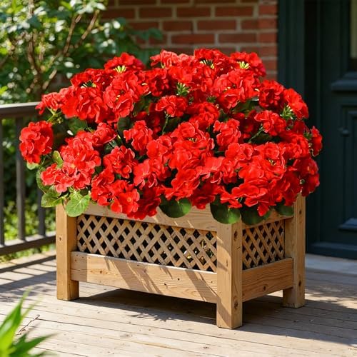Fake Outdoor Flowers, 8 Pcs Artificial Flowers For Outdoors, Red Artificial Geraniums Plastic Flowers, Fake Plant For Outside, Silk Faux Flowers For Outdoor Planters UV Resistant For Front Porch - Image 6