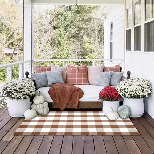 Homydecor Buffalo Plaid Outdoor Rugs, 3'x5' Coffe and White Checkered Area Rug, Layering Rug for Hello/Welcome Door Mat, Washable Cotton Woven Farmhouse Mat for Front Porch Décor - Image 7