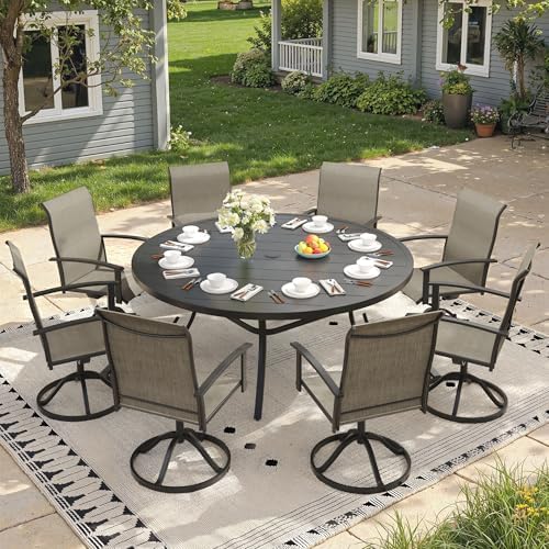 Outdoor Dining Table for 8, 60" Round Outdoor Table with Adjustable Umbrella Hole, All-Weather Metal Patio Dining Table for Lawn Garden Backyard Deck, Black - Image 4