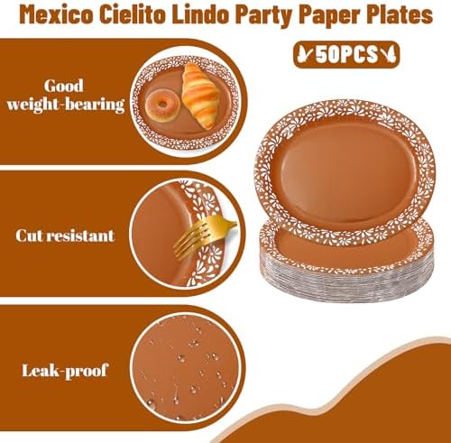Whaline 50 Pcs Cielito Lindo Paper Plates 12 x 10 Inch Platos De Barro Mexicanos Disposable Dinner Plates Terracotta Clay Pottery Mexico Fiesta Party Supplies for Baby Shower Wedding Decor - Image 3