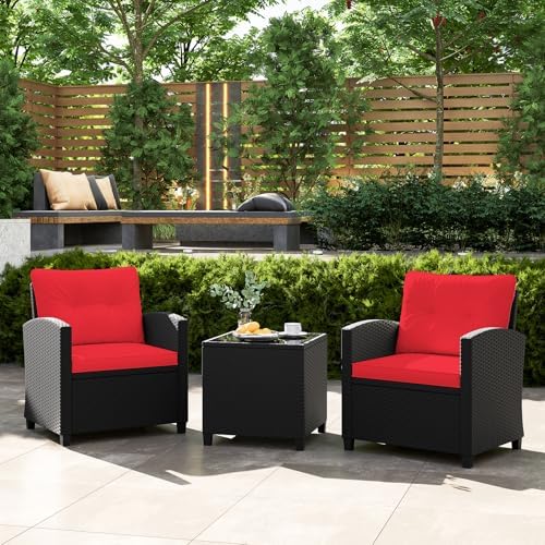 Tangkula 3 Pieces Patio Furniture Set, Rattan Conversation Set w/Soft Seat & Back Cushions, Tempered Glass Topped Coffee Table, Cushioned Wicker Seating for Backyard, Porch, Poolside (Red) - Image 2