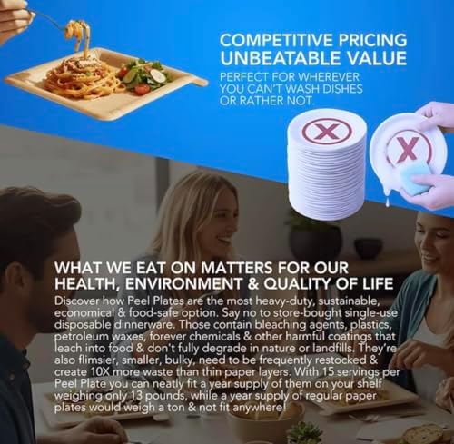 Peel Plate [15-Pack] 225 Servings Total - Large 9.5in X 9.5in Multi-Use Reusable Paper Plates 90% Less Waste For Home or On-The-Go Mealtime & Snacktime, 15 Count - Image 6