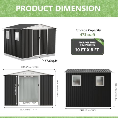 10x8 FT Metal Garden Shed with Sliding Door 4 Windows,Grey - Image 6