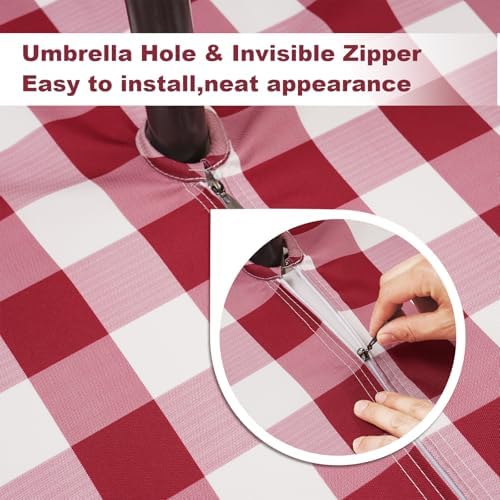 SquarePie Outdoor Tablecloth with Umbrella Hole and Zipper Rectangle Waterproof Gingham Table Cloth Spillproof Table Cover for Camping Picnic Patio Poolside Garden BBQS, 52x70 Burgundy Red Checkered - Image 2