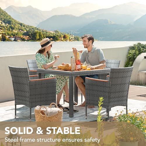 Devoko 5 PCS Acacia Wood Patio Dining Set, Gray Rattan - Image 6