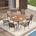 VICLLAX Patio Dining Set for 6, All Weather Metal Outdoor Furniture Set- 47" Round Patio Table and Chairs, Walnut Tabletop and Brown Fabric by HOME