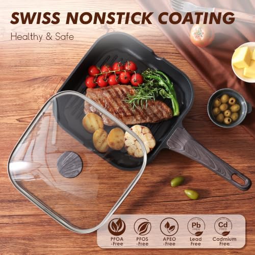 SENSARTE Nonstick Grill Pan with Lid, Grill Pan for Stove Tops, Versatile Griddle with Pour Spouts, Square Big Cooking Surface, Durable Skillet Indoor & Outdoor Grilling. PFOA Free, 9.5 Inch - Image 2