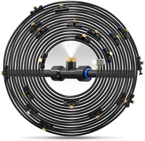 Misting Cooling System 59FT (18M) Misting Line + 26 Brass Mist Nozzles + 28 Brass Adapter(3/4") Outdoor Mister for Patio Garden Greenhouse Trampoline for Waterpark by cureder