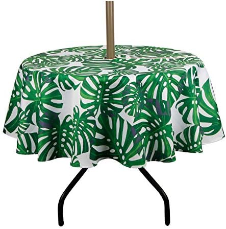 ColorBird Spring & Summer Palm Leaf Outdoor Tablecloth Waterproof Spillproof Polyester Table Cover with Zipper Umbrella Hole for Patio Garden Tabletop Decor, 60" Round, Zippered by ColorBird