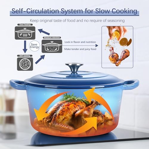 E-far Dutch Oven Pot with Lid, 5 Quart Enameled Cast Iron Round Dutch Oven Stockpot for Bread Baking/Braising/Cooking/Roasting/Stewing, Heavy Duty Nonstick Cookware Safe for Induction & Oven - Blue - Image 5