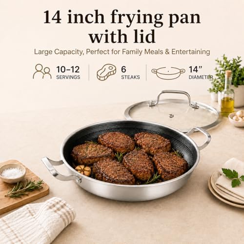 DELARLO Paella Pan 14 Inch Tri-Ply Stainless Steel Paella Pan with Lid Nonstick Frying Pan, Hybrid Induction Large Skillets,Great for Paella Parties Indoors Outdoors,Heavy Duty Style - Image 3