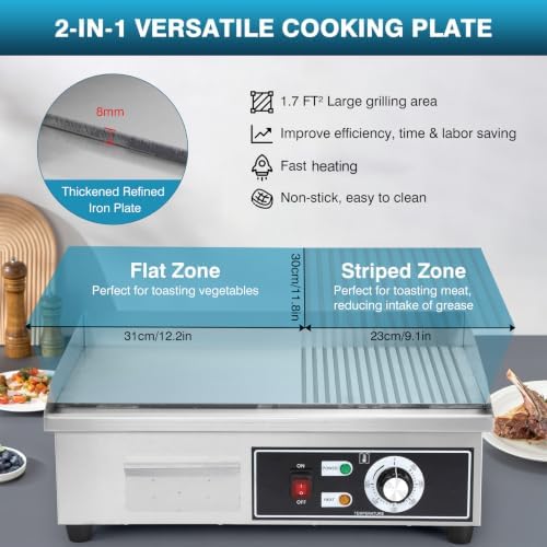 IRONWALLS Electric Griddle Nonstick 22 Inch, Stainless Steel Commercial Griddle for Indoor & Outdoor, 2-IN-1 Half Flat Top Griddle Grill for Restaurant & Home, 122℉-572℉ Adjustable Temperature - Image 3