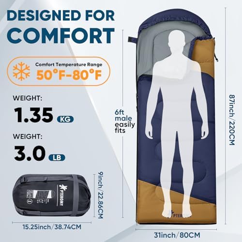 PTEROMY Sleeping Bags for Adults, Lightweight and Machine Washable, Water Resistant Backpacking Camping Sleeping Bag for Warm Cold Weather, Camping Essentials for Hiking Travel - Image 2